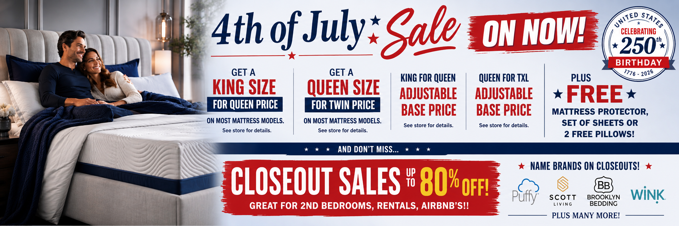 Promotional advertisement for a mattress sale on a bed with a couple, featuring text about discounts and freebies.