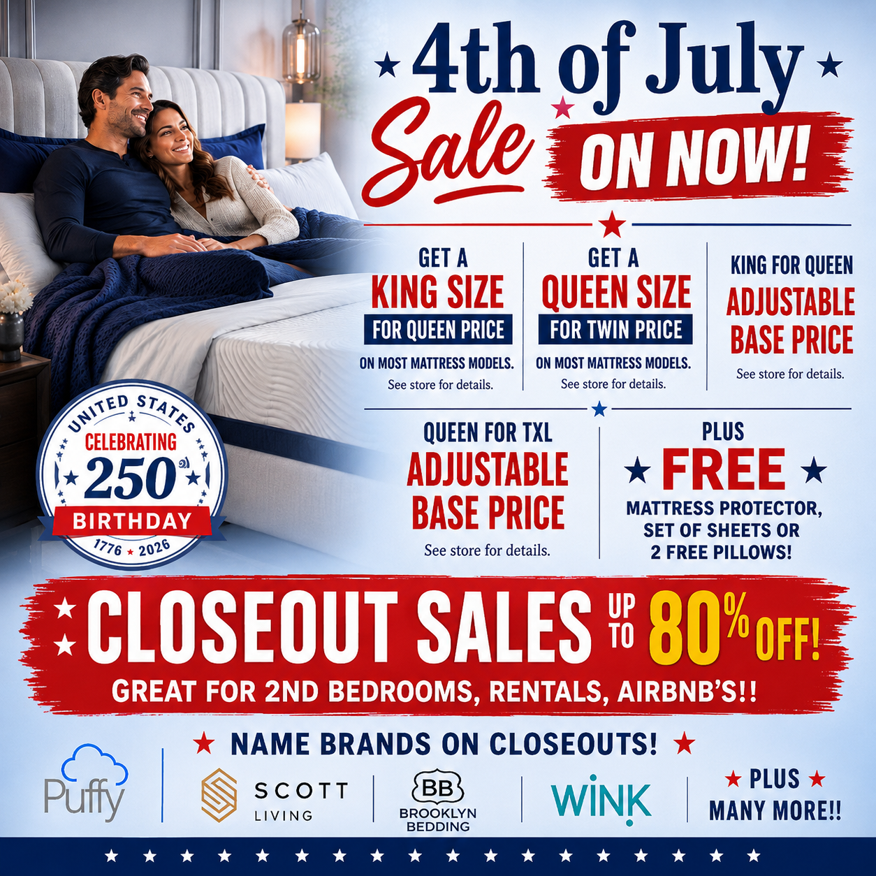 Advertisement for a 4th of July sale on mattresses with a couple on a bed.